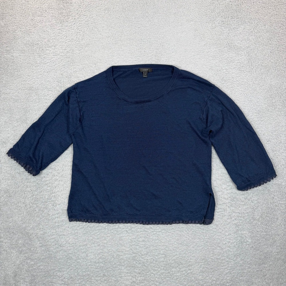 J.Crew Womens Navy Blue 100% Linen Pom-Pom Trim 3/4 Sleeve Sweater Size M
